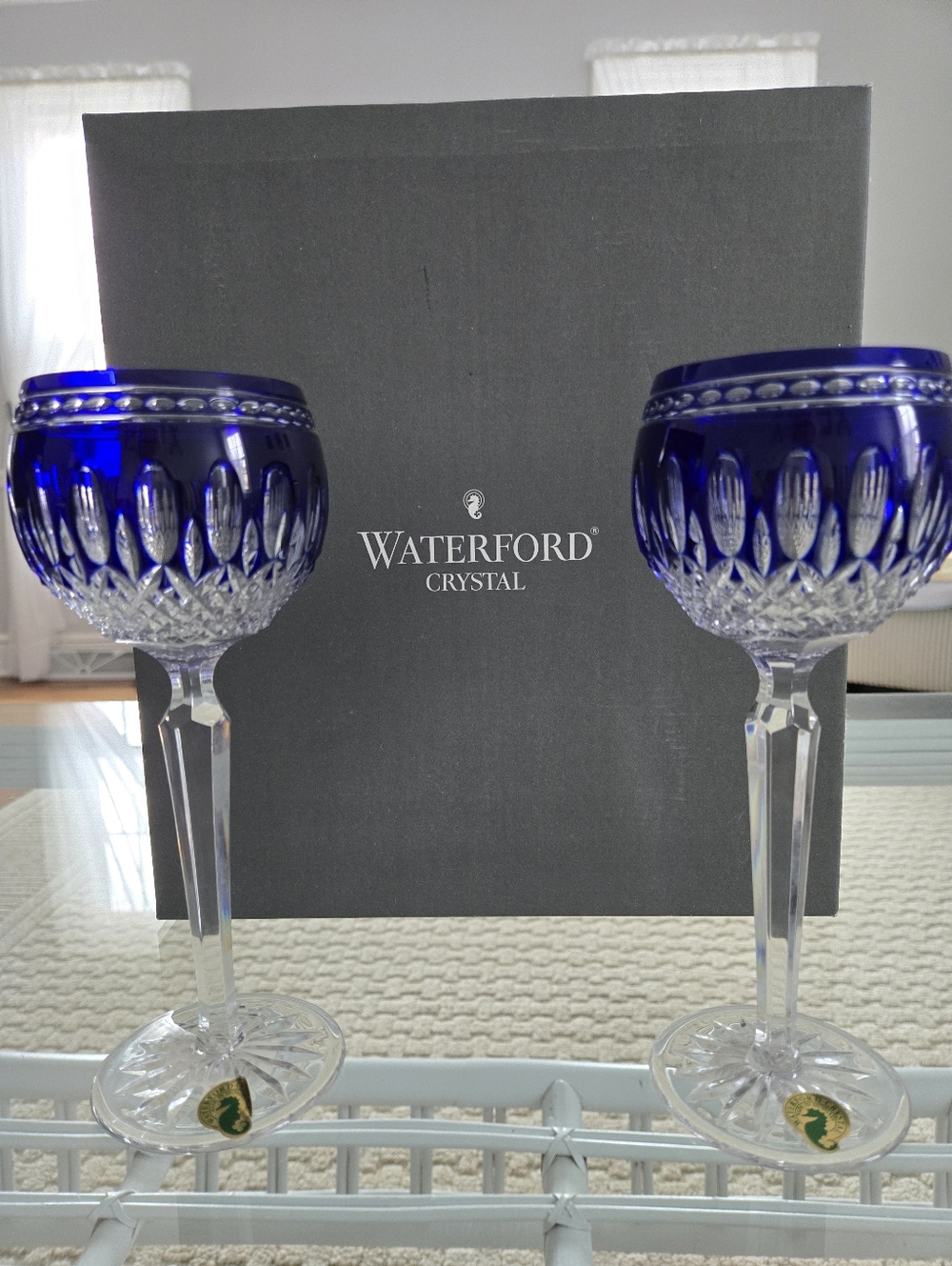 Waterford Cobalt Blue Cut Crystal Wine Glasses, Pair